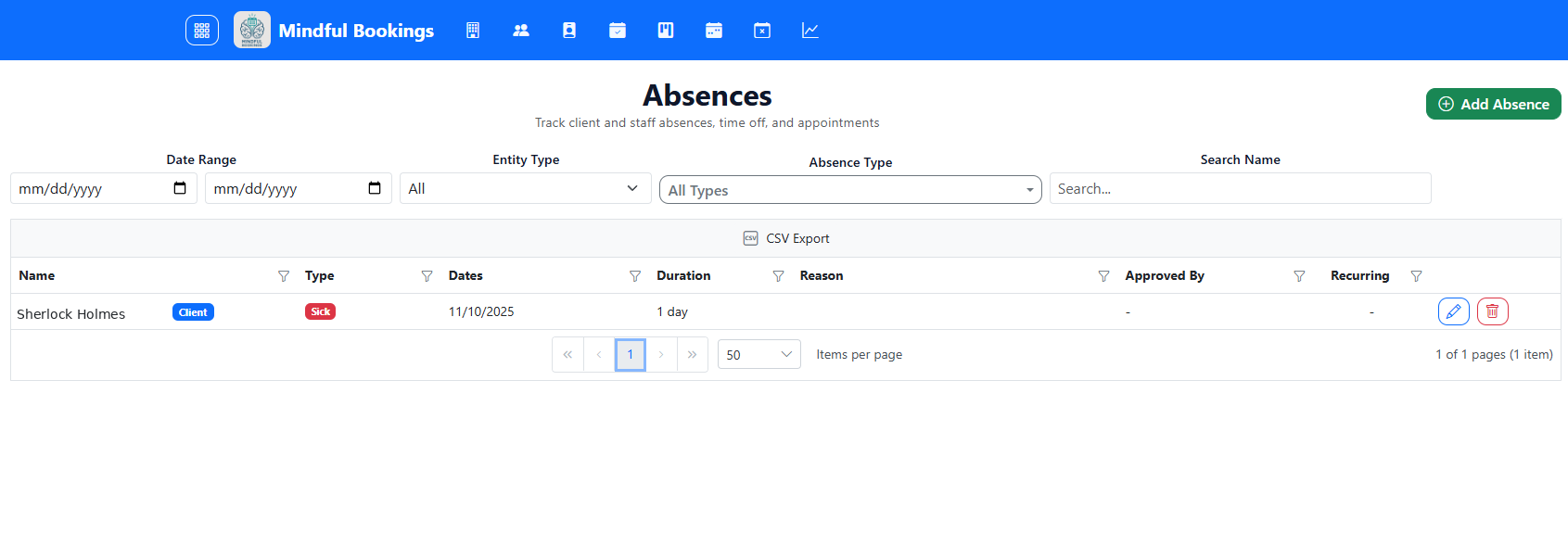Absences tracker — manage time off, sick days, and appointments