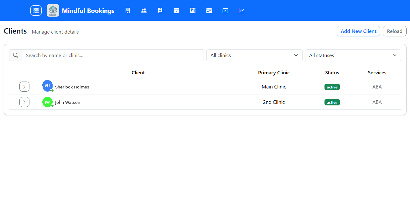 Clients list — manage client details, clinics, and services