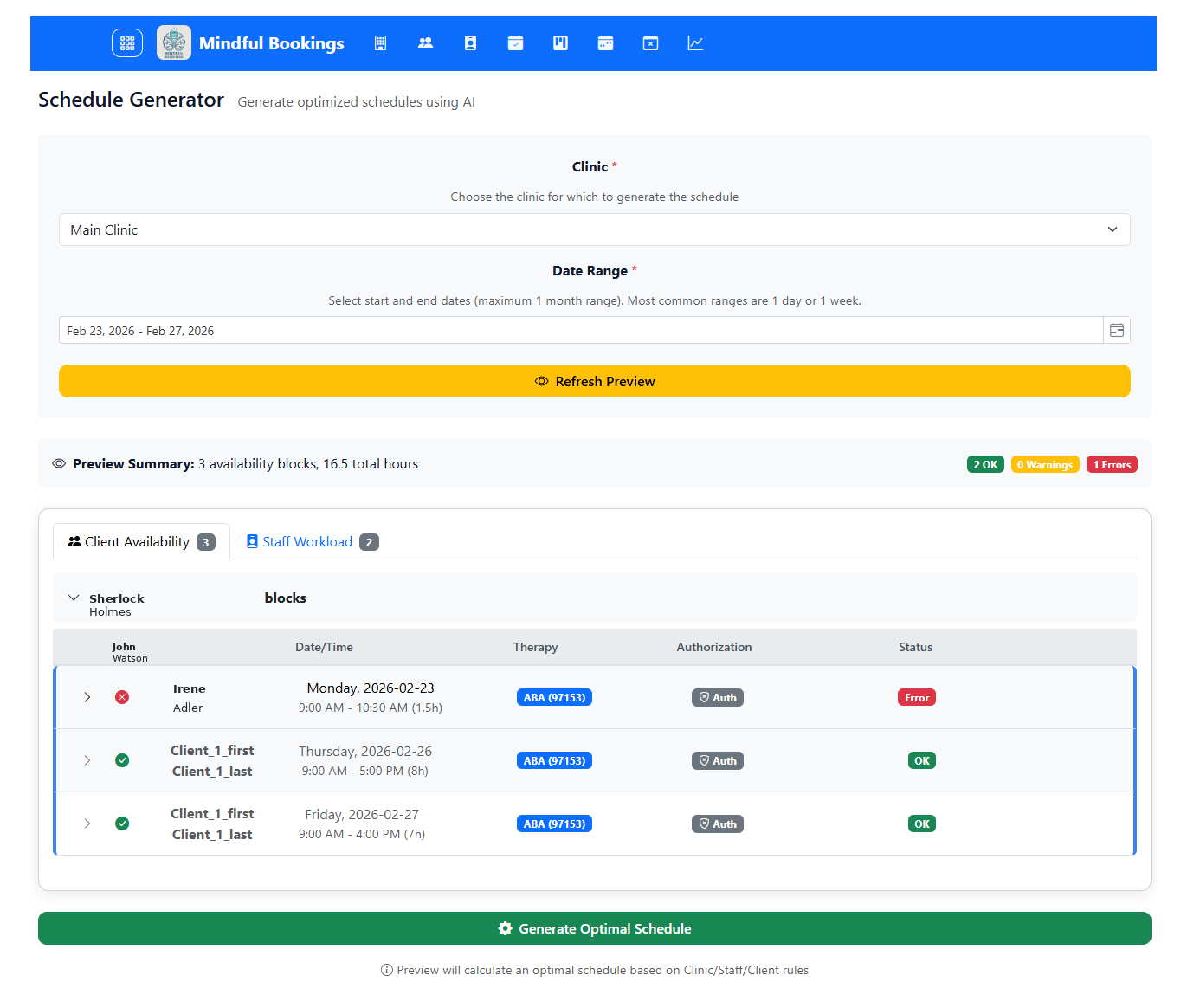 Mindful Bookings Schedule Generator — AI-powered scheduling interface showing client availability, date range, and optimization preview